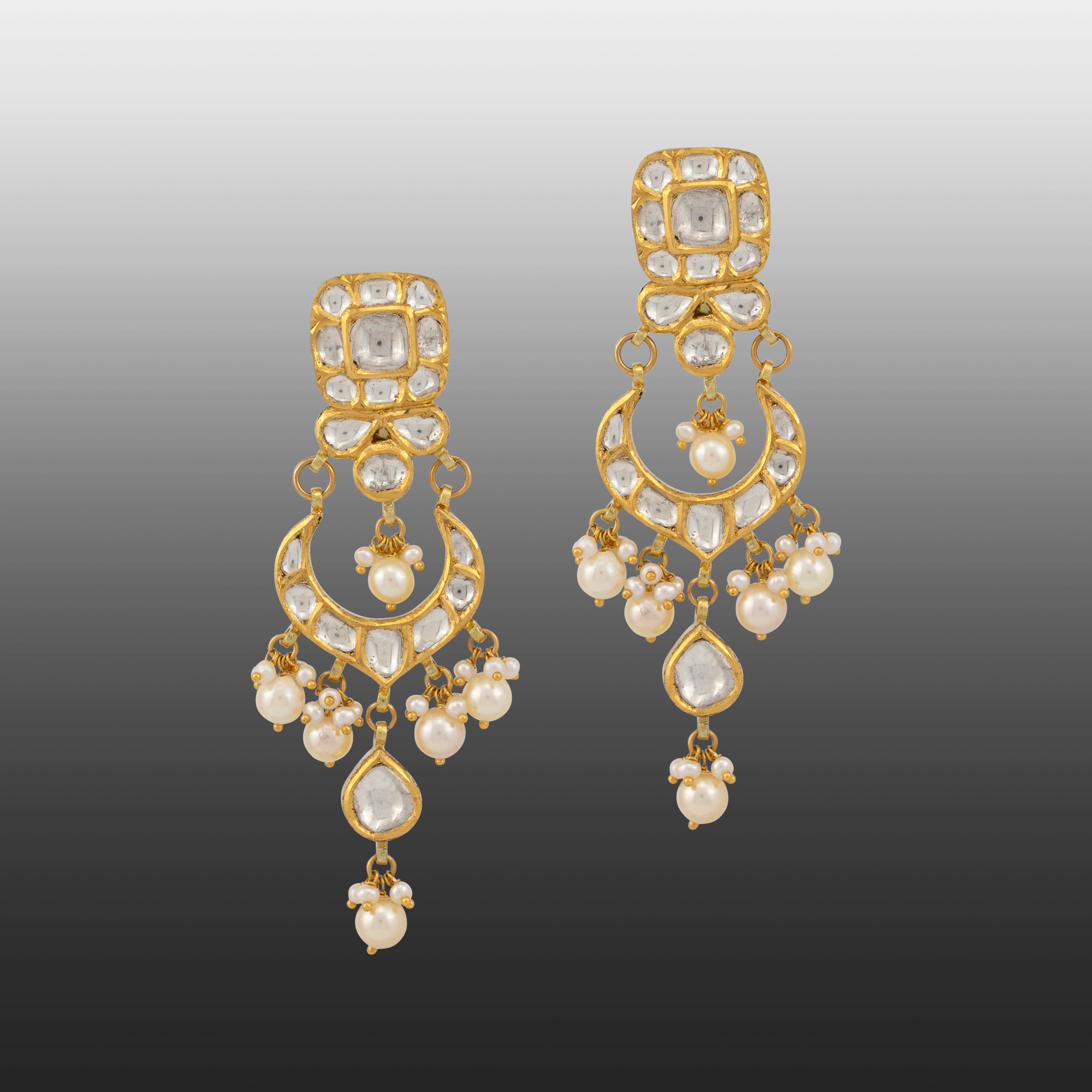 Crescent Polki Earrings with Pearl Drops and Square Diamonds